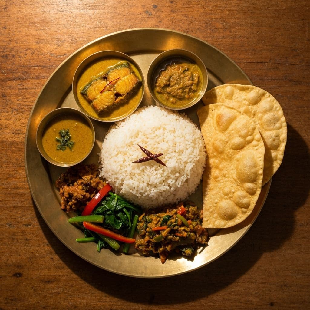Traditional Rohingya cuisine with fragrant rice and curried fish